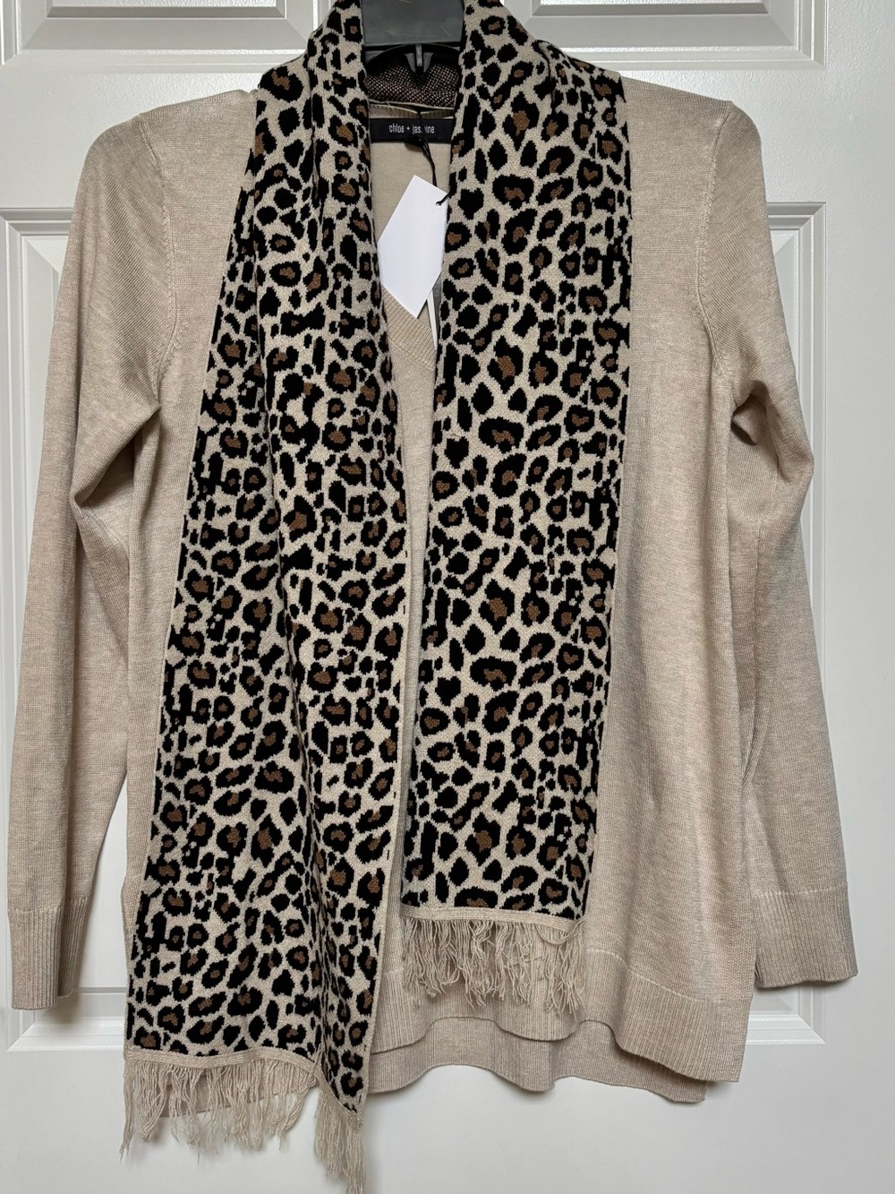 Chloe Beige Cardigan with Leopard Print Scarf